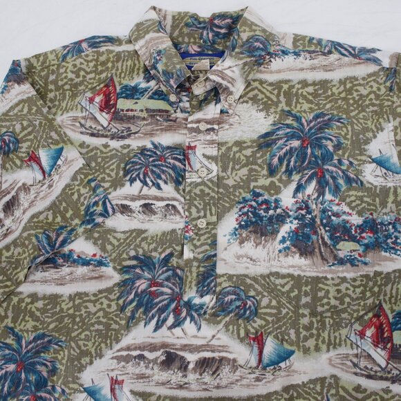 Reyn Spooner Hawaiian Shirt Mens XL Phil Edwards popover Palm boat Reverse Print - Picture 1 of 11